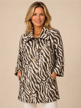 SOLO -  Linen Zebra-Print Jacket in Brown & White with Metallic Gold - Sz8